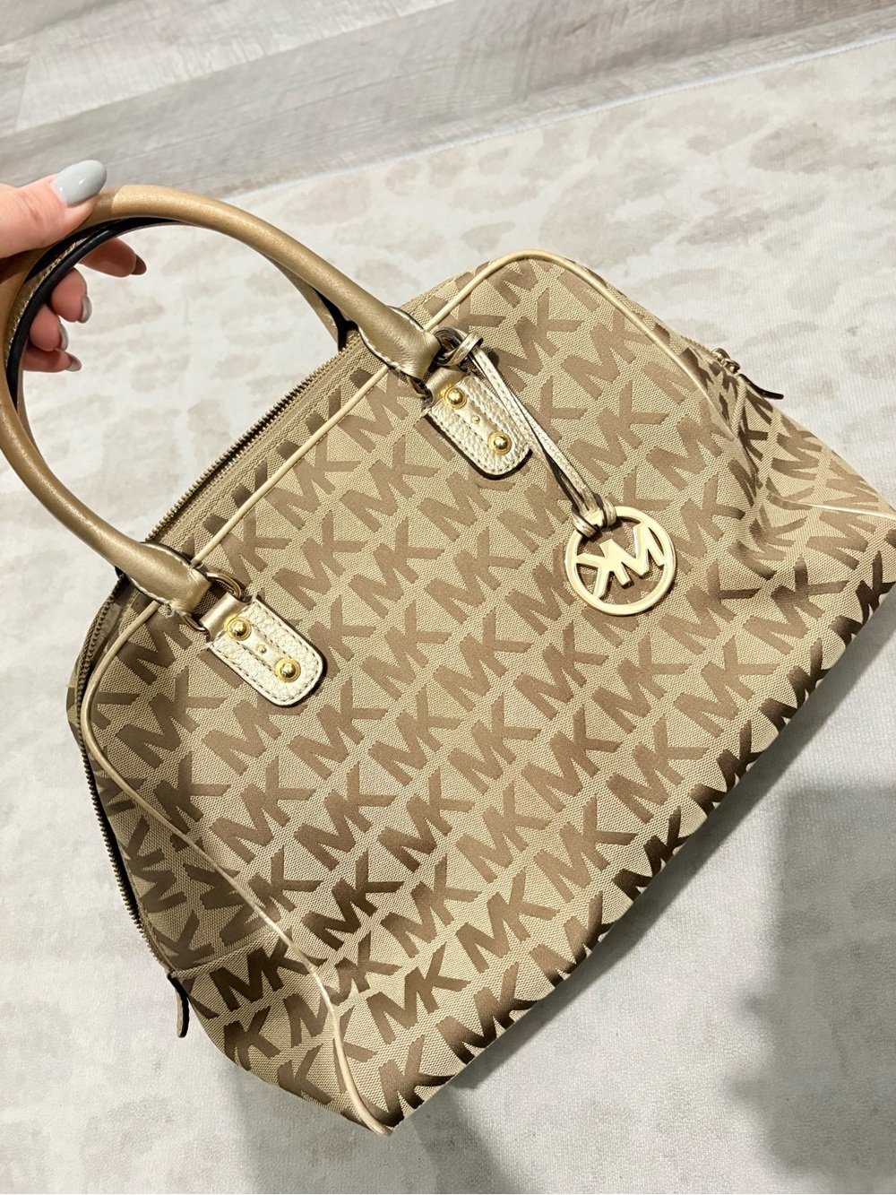 Michael Kors Tan Logo Dome Satchel with Gold Hardware